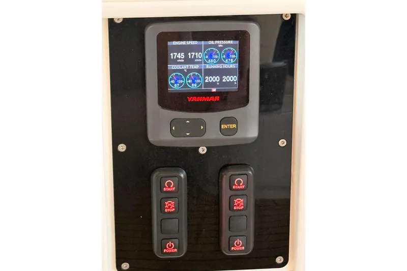 Chicago Yacht Photos Pics Control panel of a 2020 Lagoon 52 F yacht with engine and oil pressure display.