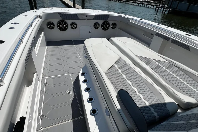 Reel Deployment Yacht Photos Pics 2022 Invincible 46 Catamaran interior with sleek seating and modern design.
