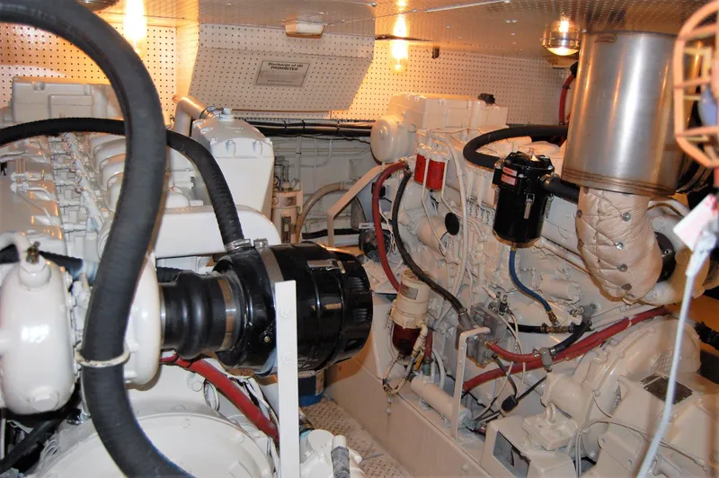 Shackleton Yacht Photos Pics Engine room of 1982 Miller Marine North Sea Trawler, featuring complex machinery and piping.