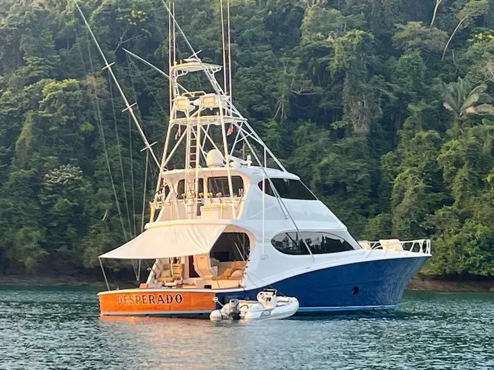 Desperado Yacht Photos Pics 2008 Hatteras 77 Enclosed Bridge yacht named Desperado anchored near lush green forest.