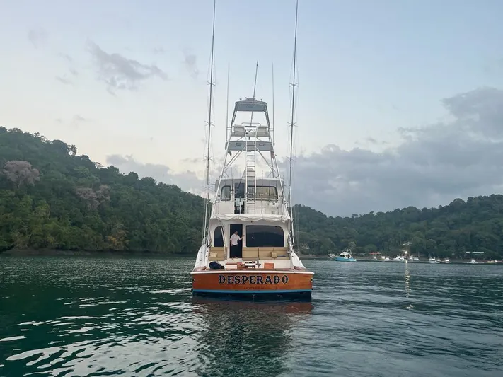 Desperado Yacht Photos Pics 2008 Hatteras 77 Enclosed Bridge yacht Desperado on calm water near lush green hills.