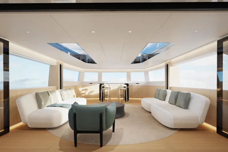 Presence Yacht Photos Pics Luxurious interior of 2026 Cantiere Delle Marche 130.37 yacht with modern seating and skylights.