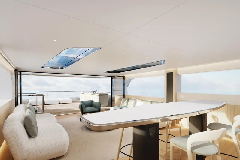 Presence Yacht Photos Pics Luxurious interior of 2026 Cantiere Delle Marche 130.37 yacht with modern seating and ocean view.