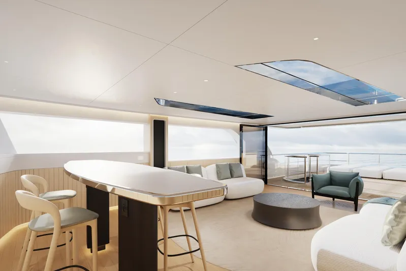 Presence Yacht Photos Pics Luxurious interior of 2026 Cantiere Delle Marche 130.37 yacht with modern seating and panoramic views.