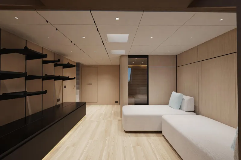 Presence Yacht Photos Pics Luxurious interior of 2026 Cantiere Delle Marche 130.37 yacht with modern design and elegant furnishings.