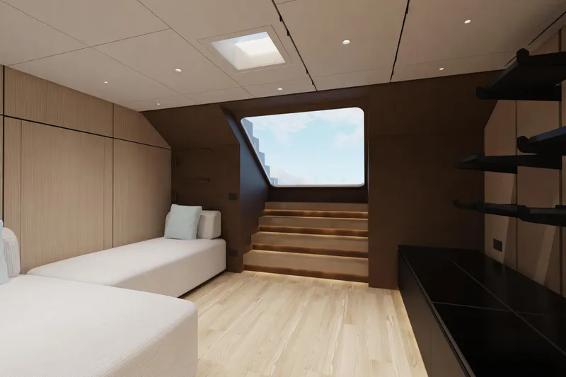 Presence Yacht Photos Pics Luxurious interior of 2026 Cantiere Delle Marche 130.37 yacht with modern design and natural lighting.