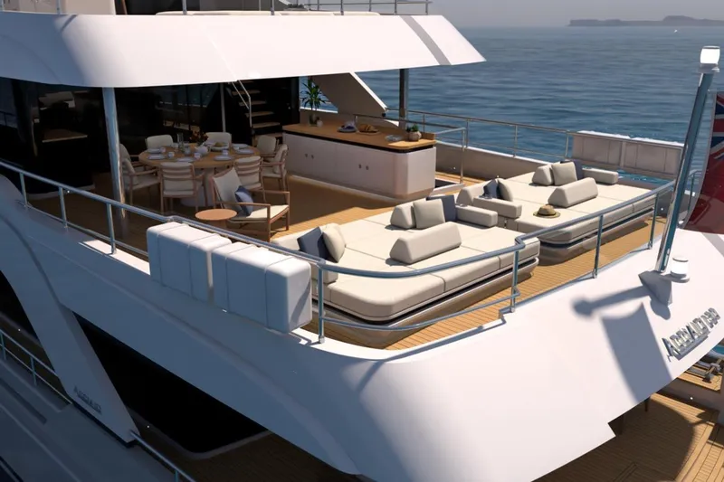 Presence Yacht Photos Pics Luxurious 2026 Cantiere Delle Marche 130.37 yacht with elegant outdoor seating and dining area.