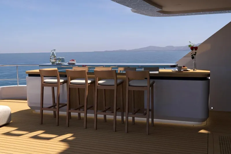 Presence Yacht Photos Pics Luxurious yacht deck with bar and ocean view, Cantiere Delle Marche 130.37, 2026 model.