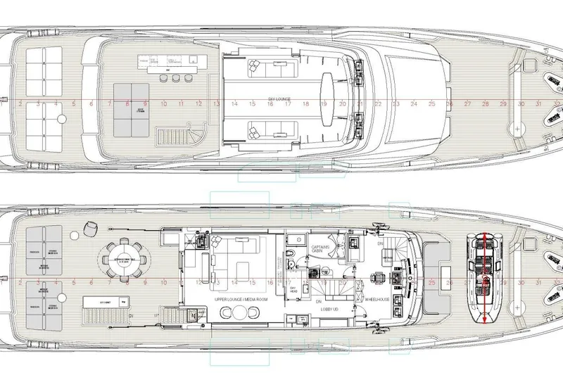 Presence Yacht Photos Pics Deck layout of Cantiere Delle Marche 130.37 yacht, 2026 model, showcasing upper and main levels.