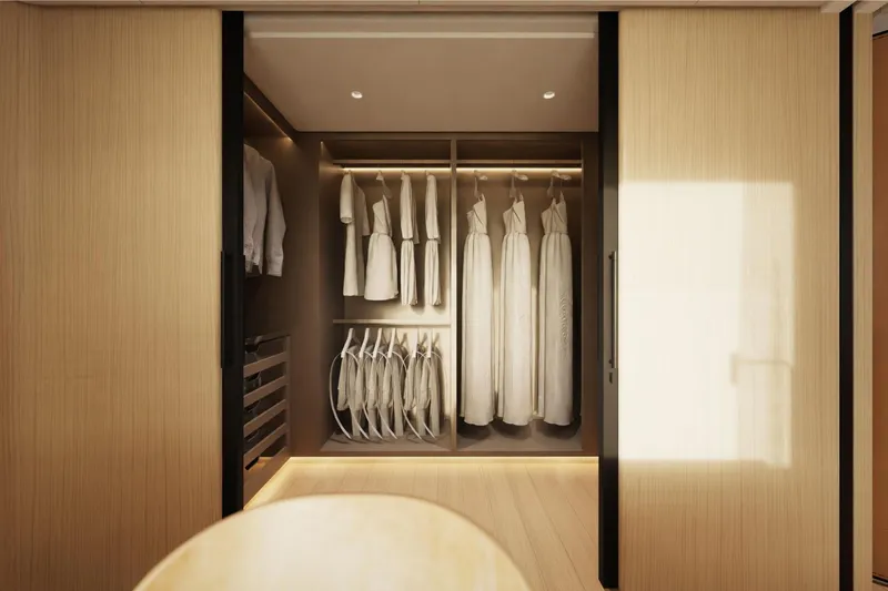 Presence Yacht Photos Pics Luxurious yacht closet interior with elegant clothing, Cantiere Delle Marche 130.37, 2026 model.