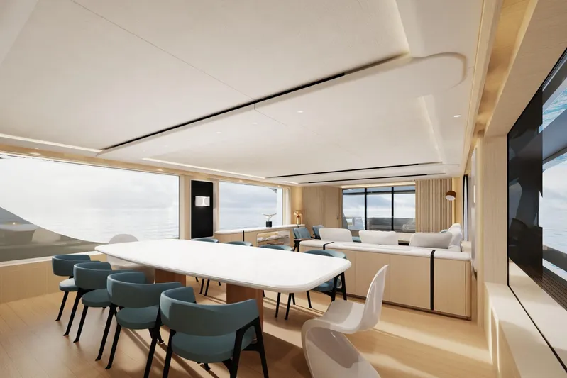 Presence Yacht Photos Pics Luxurious interior of 2026 Cantiere Delle Marche 130.37 yacht with elegant dining area.
