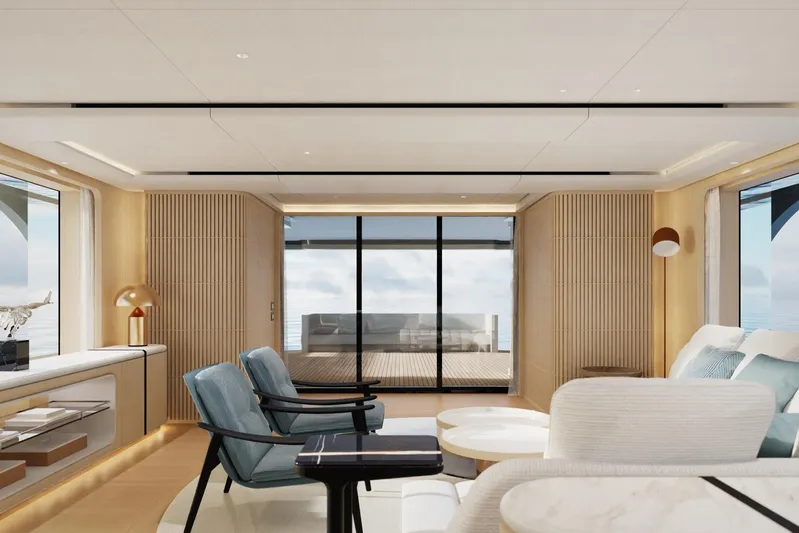 Presence Yacht Photos Pics Luxurious interior of 2026 Cantiere Delle Marche 130.37 yacht with modern furnishings and ocean view.