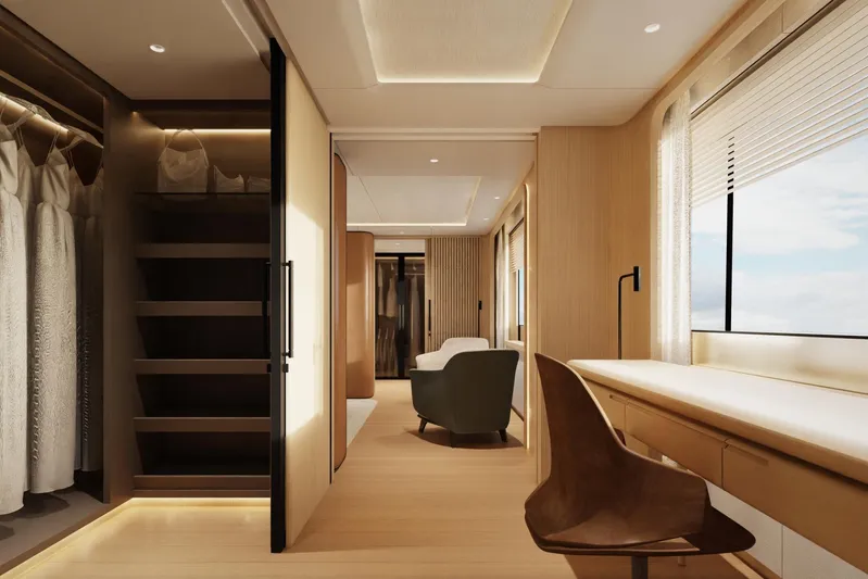 Presence Yacht Photos Pics Luxurious interior of 2026 Cantiere Delle Marche 130.37 yacht with modern furnishings.