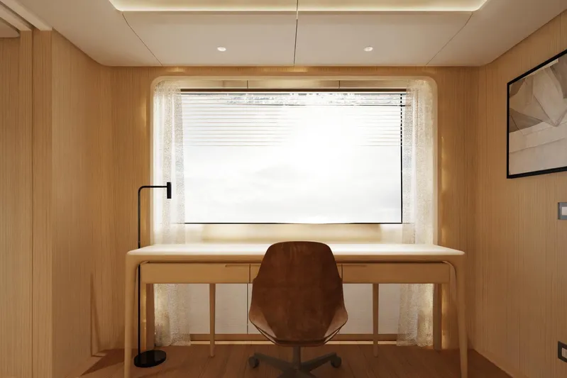 Presence Yacht Photos Pics Modern yacht interior with desk, chair, and window; Cantiere Delle Marche 130.37, 2026 model.