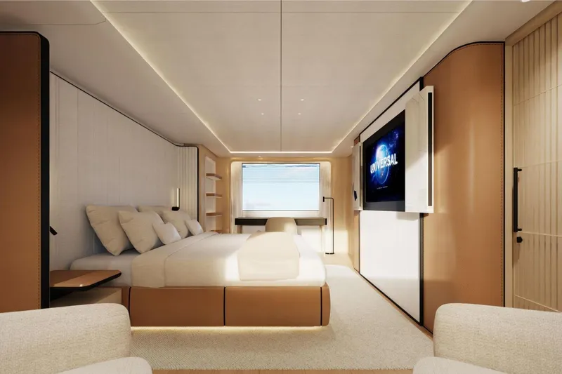 Presence Yacht Photos Pics Luxurious bedroom interior of 2026 Cantiere Delle Marche 130.37 yacht with modern design.