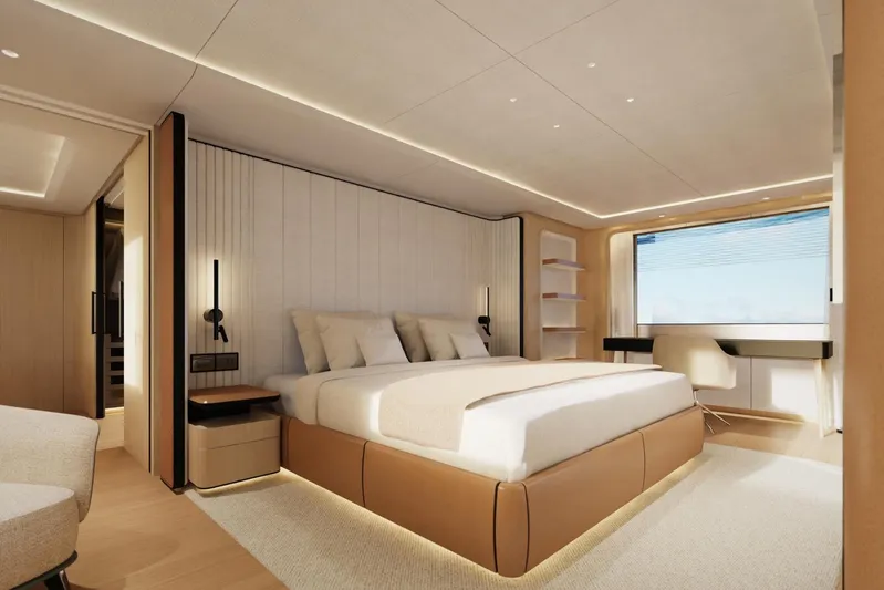 Presence Yacht Photos Pics Luxurious bedroom interior of 2026 Cantiere Delle Marche 130.37 yacht, featuring modern design.