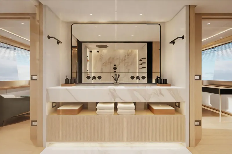 Presence Yacht Photos Pics Luxurious yacht bathroom interior on Cantiere Delle Marche 130.37, 2026 model, featuring modern design.