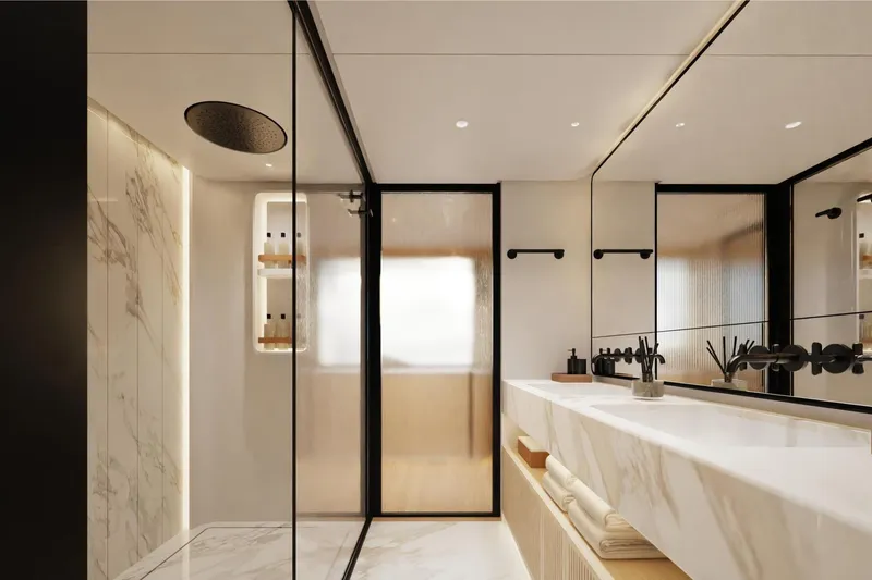 Presence Yacht Photos Pics Luxurious modern bathroom on Cantiere Delle Marche 130.37 yacht, 2026 model, featuring marble and sleek design.