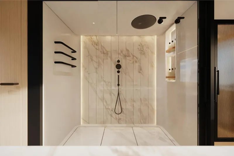 Presence Yacht Photos Pics Luxurious modern shower with marble walls in Cantiere Delle Marche 130.37 yacht, 2026 model.