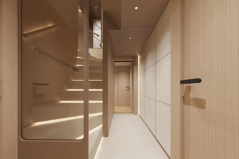 Presence Yacht Photos Pics Modern interior of Cantiere Delle Marche 130.37 yacht, featuring sleek staircase and minimalist design, 2026.