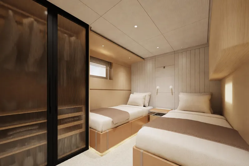 Presence Yacht Photos Pics Luxurious twin cabin interior on 2026 Cantiere Delle Marche 130.37 yacht.