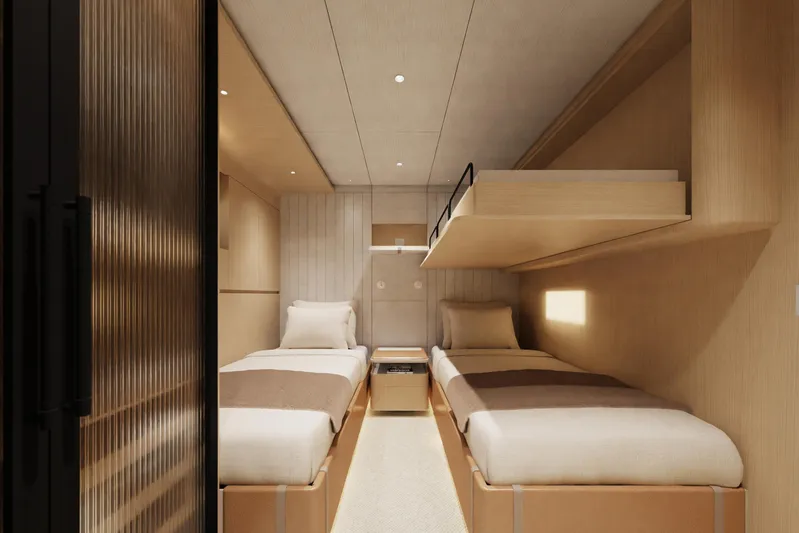 Presence Yacht Photos Pics Luxurious cabin interior of 2026 Cantiere Delle Marche 130.37 yacht with twin beds.