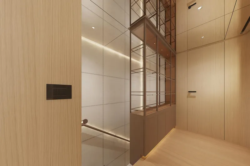 Presence Yacht Photos Pics Modern interior of Cantiere Delle Marche 130.37 yacht, featuring sleek wood paneling, 2026 design.