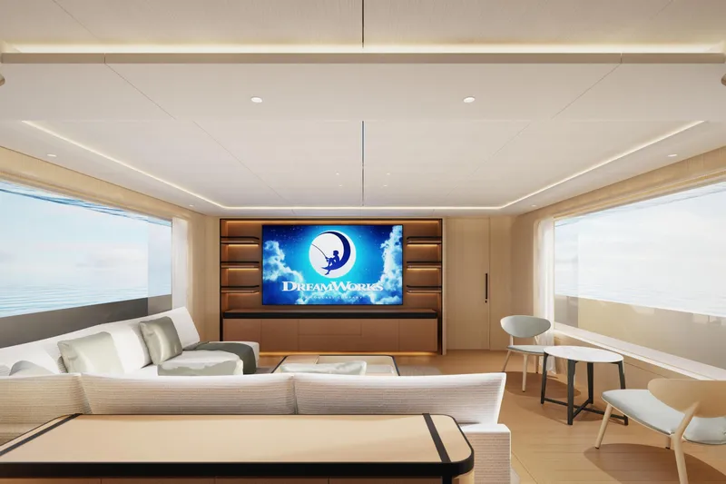 Presence Yacht Photos Pics Luxurious yacht interior with modern seating, large TV, and ocean views, Cantiere Delle Marche 130.37, 2026.
