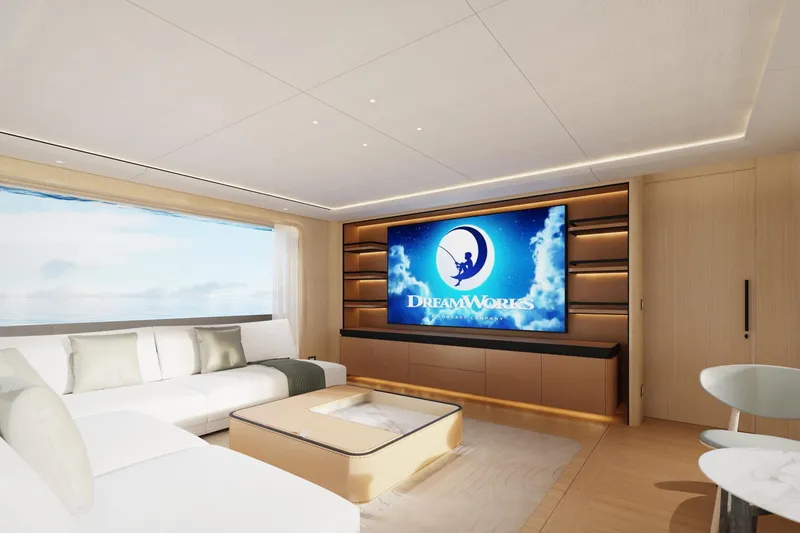 Presence Yacht Photos Pics Luxurious yacht interior with large TV, modern seating, and ocean view. Cantiere Delle Marche 130.37, 2026.