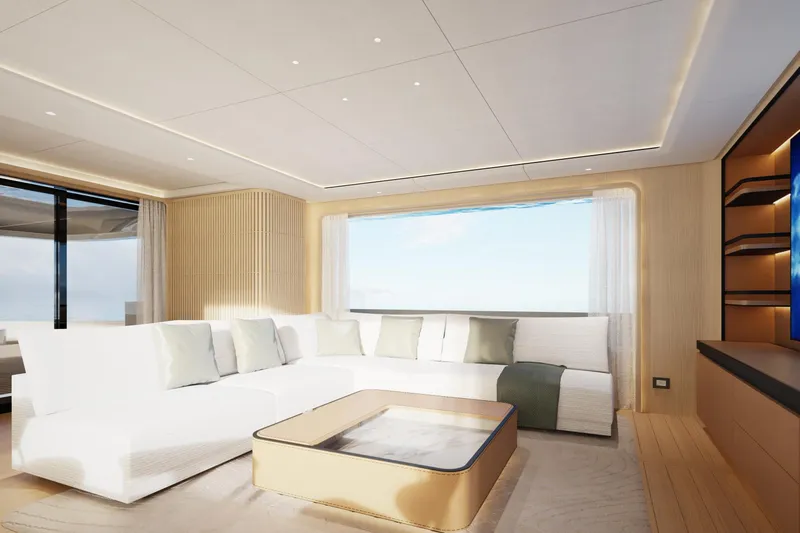 Presence Yacht Photos Pics Luxurious interior of 2026 Cantiere Delle Marche 130.37 yacht with modern design and panoramic window.