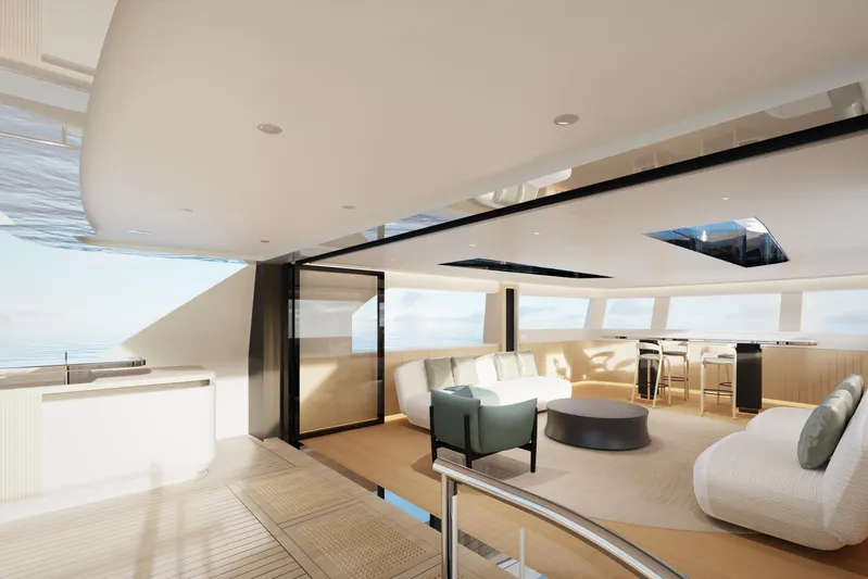 Presence Yacht Photos Pics Luxurious interior of 2026 Cantiere Delle Marche 130.37 yacht, featuring modern seating and ocean views.