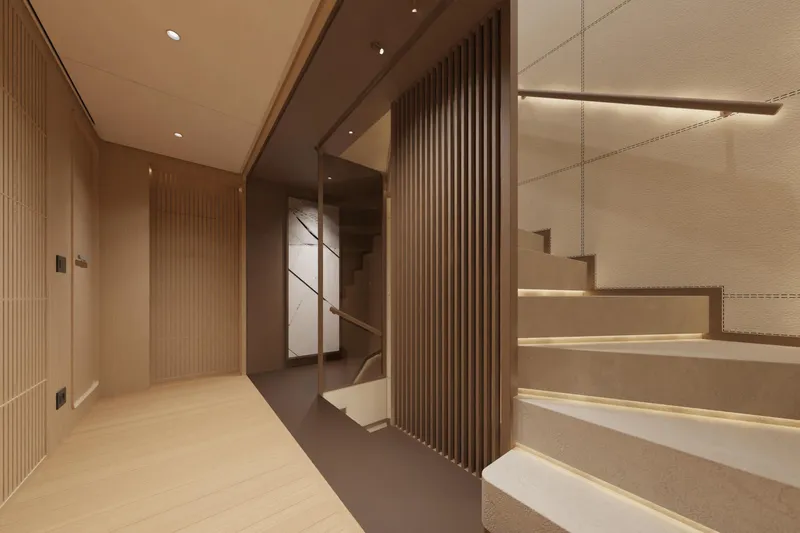 Presence Yacht Photos Pics Luxurious interior of Cantiere Delle Marche 130.37 yacht, featuring modern staircase design, 2026 model.