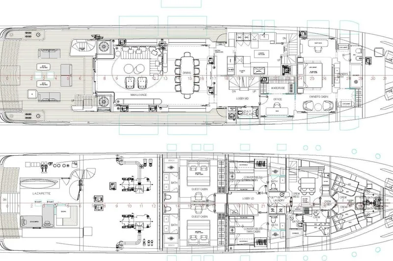 Presence Yacht Photos Pics Floor plan of 2026 Cantiere Delle Marche 130.37 yacht, showcasing detailed interior layout.
