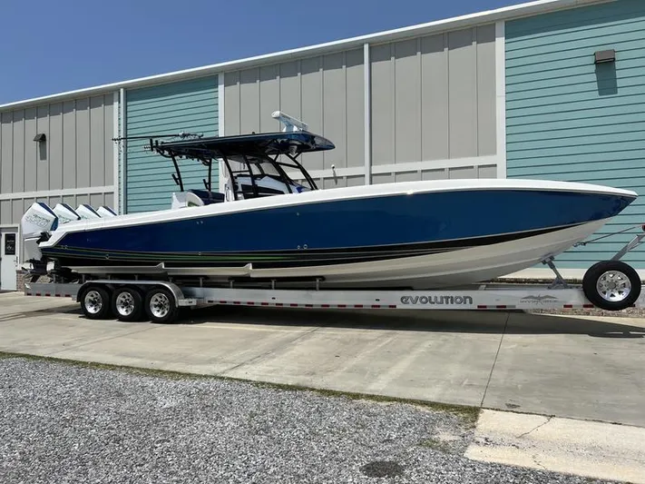  Yacht Photos Pics 2020 Nor-Tech 392 Super Fish boat on a trailer outside a building.