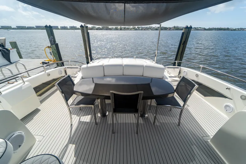 The Office Yacht Photos Pics Luxurious 2009 Lazzara LSX 75 yacht deck with elegant seating and scenic water view.