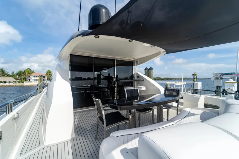 The Office Yacht Photos Pics Luxurious 2009 Lazzara LSX 75 yacht deck with modern seating and dining area.