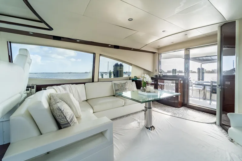 The Office Yacht Photos Pics Luxurious interior of 2009 Lazzara LSX 75 yacht with elegant seating and glass table.