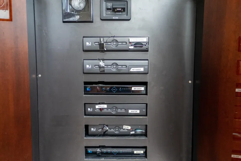 The Office Yacht Photos Pics Control panel on 2009 Lazzara LSX 75 yacht with labeled switches and devices.