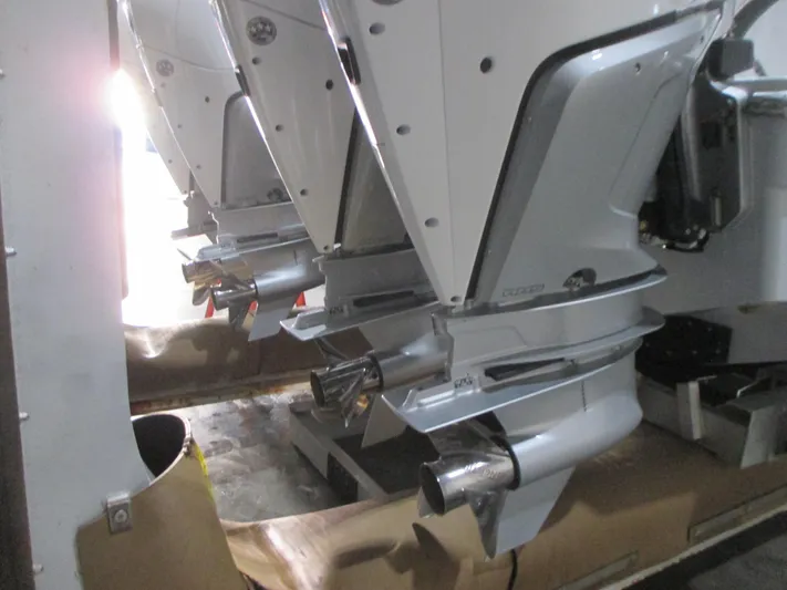  Yacht Photos Pics Freeman 38 boat engines, 2025 model, in a storage facility.