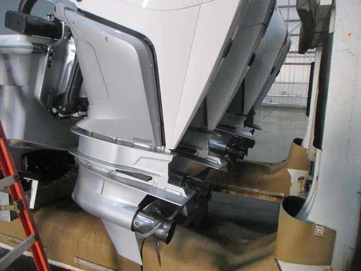  Yacht Photos Pics Freeman 38 boat engines, 2025 model, in a storage facility.