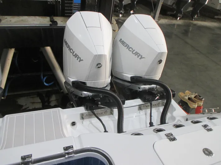  Yacht Photos Pics Twin Mercury outboard engines on a 2025 Freeman 38 boat.