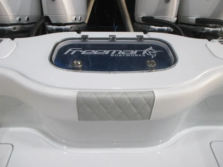  Yacht Photos Pics Freeman 38 boat, 2025 model, featuring sleek design and logo on the deck.