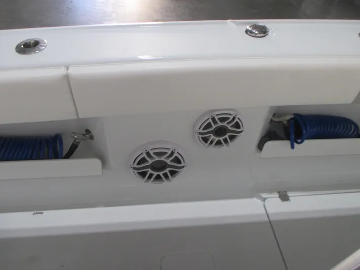  Yacht Photos Pics Freeman 38 boat interior with speakers and hose storage, 2025 model.