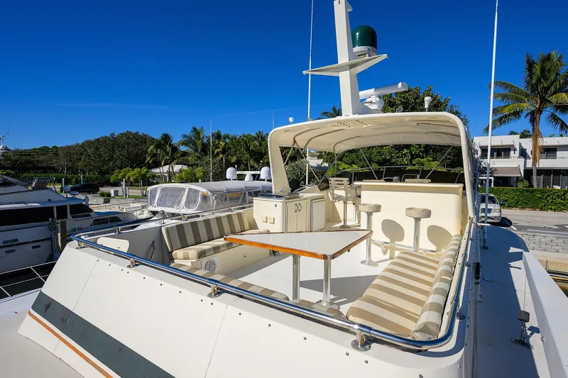 Phantom Yacht Photos Pics 1987 Hatteras 63 Motor Yacht with spacious deck and seating area.