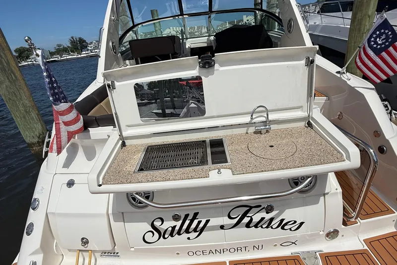  Yacht Photos Pics 2015 Sea Ray 350 Sundancer yacht with outdoor kitchenette, docked in Oceanport, NJ.