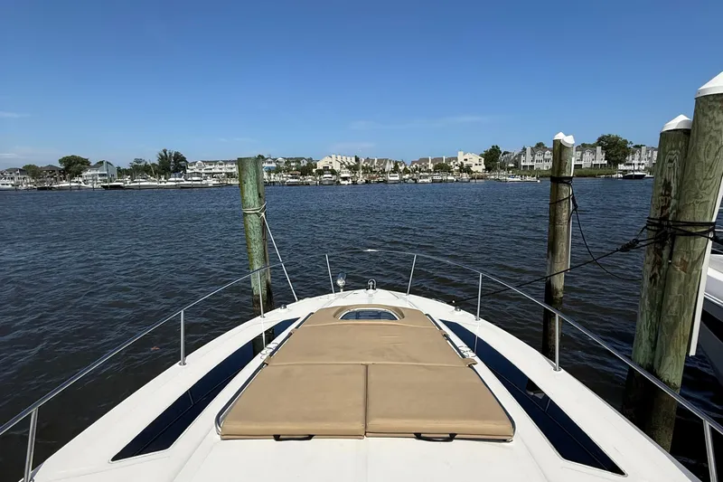  Yacht Photos Pics 2015 Sea Ray 350 Sundancer docked, overlooking calm waters and coastal homes.