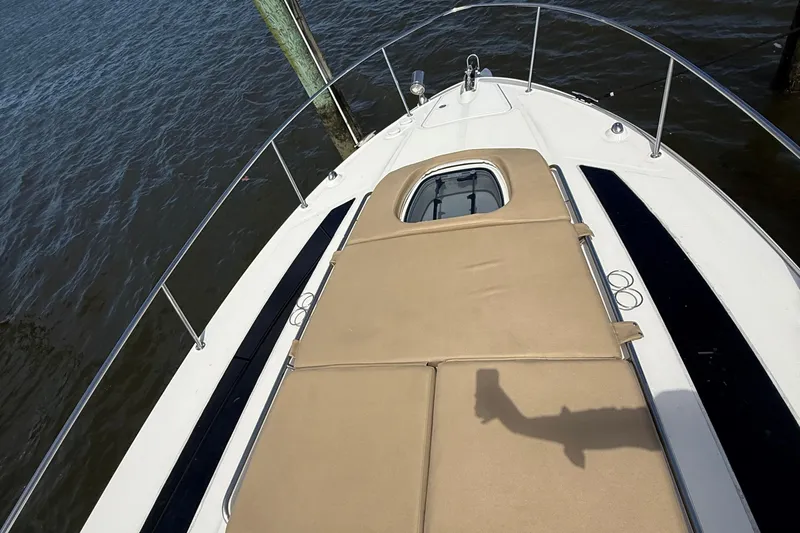  Yacht Photos Pics 2015 Sea Ray 350 Sundancer boat deck with tan cushions, docked by water.