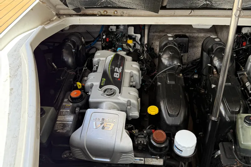  Yacht Photos Pics Engine compartment of a 2015 Sea Ray 350 Sundancer with a powerful V8 engine.