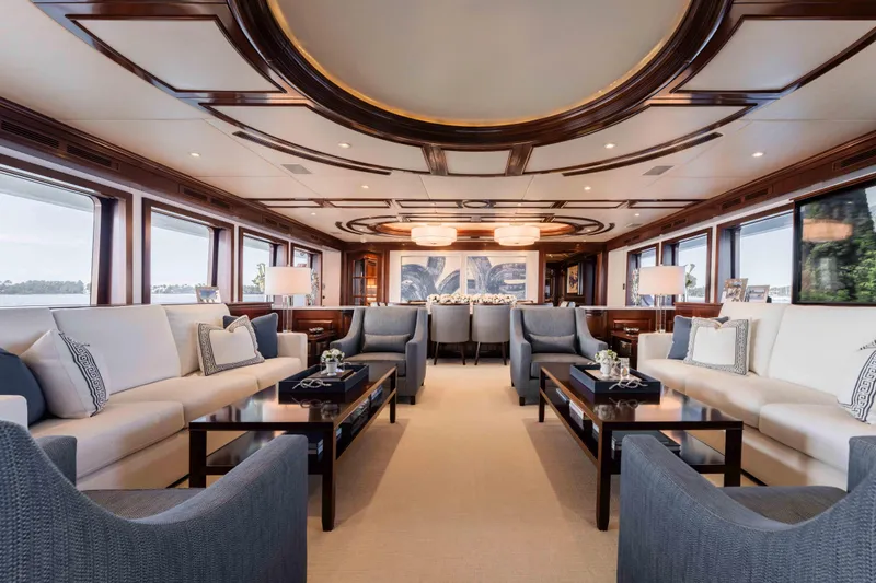 Summerdance Yacht Photos Pics Luxurious interior of 2004 Trinity Yachts motor yacht with elegant seating and wood accents.