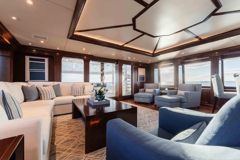 Summerdance Yacht Photos Pics Luxurious interior of 2004 Trinity Yachts motor yacht with elegant seating and ocean views.